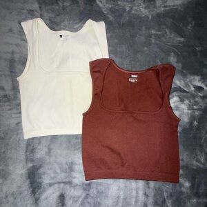 Square Neck Cream and Brown Tank Tops, Size L